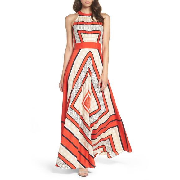 Eliza J Halter Maxi Dress Geometric Print Orange Beige Size 14 Wedding Resort - Picture 1 of 8